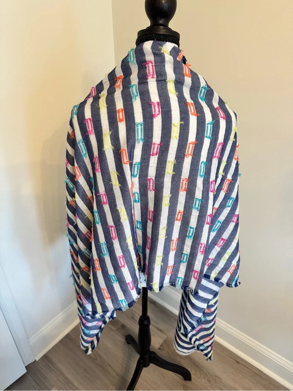 Fraas Navy Striped Scarf with Pink, Orange, Teal & Yellow Accents